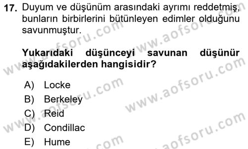 Modern Felsefe 1 Dersi 2021 - 2022 Yılı Yaz Okulu Sınav Soruları 17. Soru