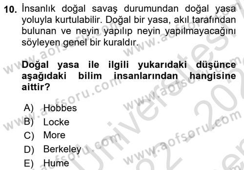 Modern Felsefe 1 Dersi 2022 - 2023 Yılı (Final) Dönem Sonu Sınav Soruları 10. Soru