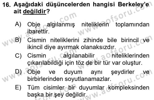 Modern Felsefe 1 Dersi 2022 - 2023 Yılı (Final) Dönem Sonu Sınav Soruları 16. Soru