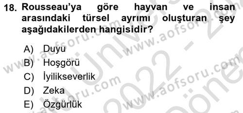 Modern Felsefe 1 Dersi 2022 - 2023 Yılı (Final) Dönem Sonu Sınav Soruları 18. Soru