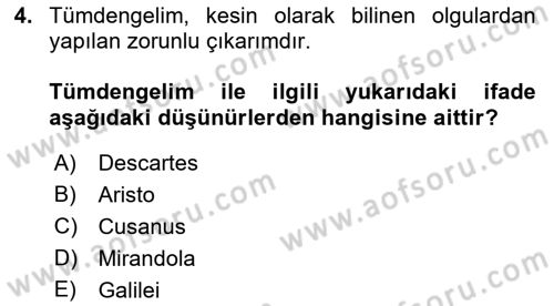 Modern Felsefe 1 Dersi 2022 - 2023 Yılı (Final) Dönem Sonu Sınav Soruları 4. Soru