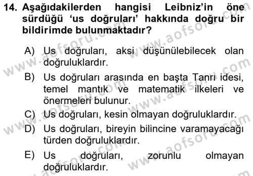 Modern Felsefe 1 Dersi 2023 - 2024 Yılı (Vize) Ara Sınav Soruları 14. Soru