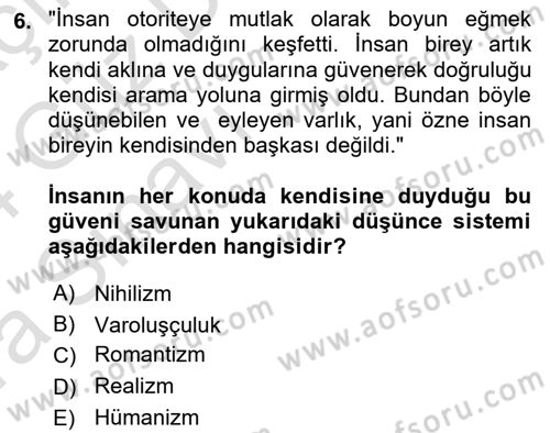 Modern Felsefe 1 Dersi 2023 - 2024 Yılı (Vize) Ara Sınav Soruları 6. Soru