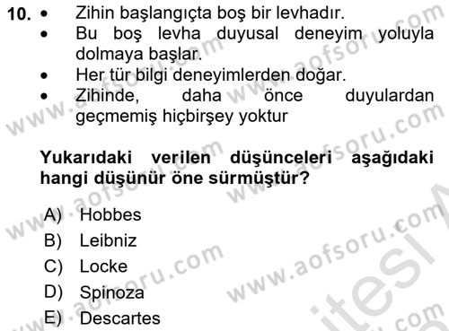 Modern Felsefe 1 Dersi 2023 - 2024 Yılı (Final) Dönem Sonu Sınav Soruları 10. Soru
