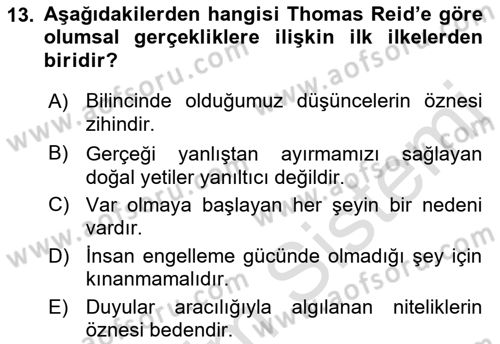 Modern Felsefe 1 Dersi 2023 - 2024 Yılı (Final) Dönem Sonu Sınav Soruları 13. Soru