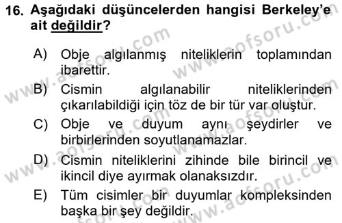 Modern Felsefe 1 Dersi 2023 - 2024 Yılı (Final) Dönem Sonu Sınav Soruları 16. Soru