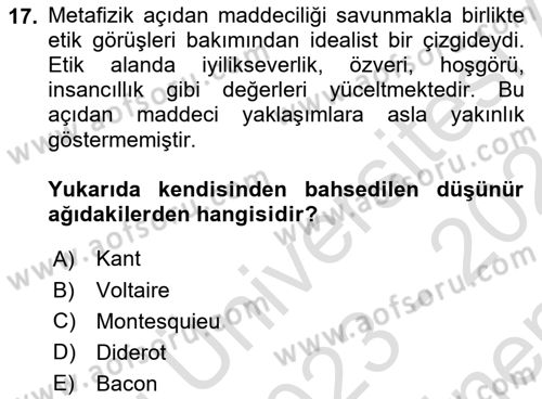 Modern Felsefe 1 Dersi 2023 - 2024 Yılı (Final) Dönem Sonu Sınav Soruları 17. Soru
