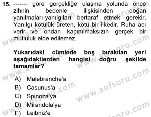 Modern Felsefe 1 Dersi 2024 - 2025 Yılı (Vize) Ara Sınav Soruları 15. Soru
