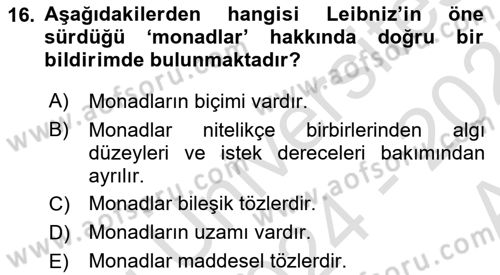 Modern Felsefe 1 Dersi 2024 - 2025 Yılı (Vize) Ara Sınav Soruları 16. Soru