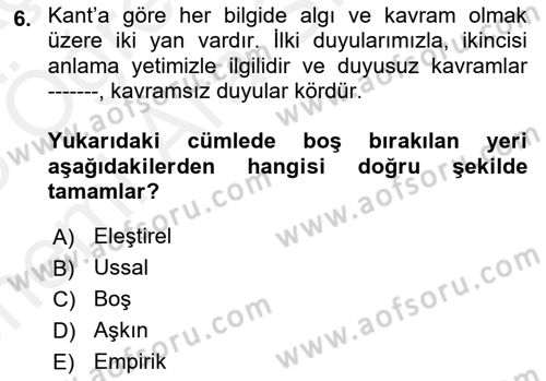 Modern Felsefe 2 Dersi 2017 - 2018 Yılı (Vize) Ara Sınav Soruları 6. Soru