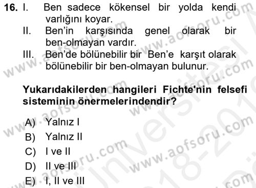Modern Felsefe 2 Dersi 2018 - 2019 Yılı (Vize) Ara Sınav Soruları 16. Soru