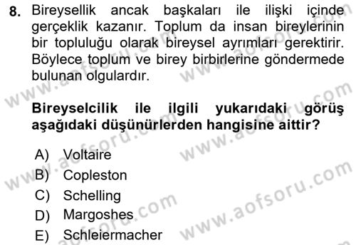 Modern Felsefe 2 Dersi 2021 - 2022 Yılı (Final) Dönem Sonu Sınav Soruları 8. Soru