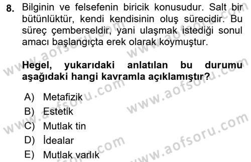 Modern Felsefe 2 Dersi 2023 - 2024 Yılı (Final) Dönem Sonu Sınav Soruları 8. Soru