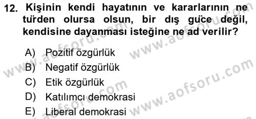 Siyaset Felsefesi 1 Dersi 2024 - 2025 Yılı Yaz Okulu Sınav Soruları 12. Soru