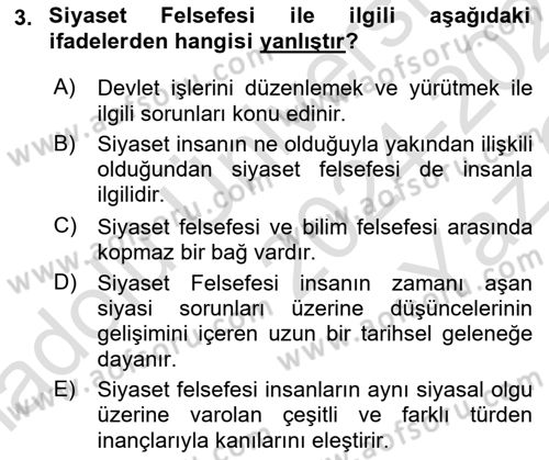 Siyaset Felsefesi 1 Dersi 2024 - 2025 Yılı Yaz Okulu Sınav Soruları 3. Soru