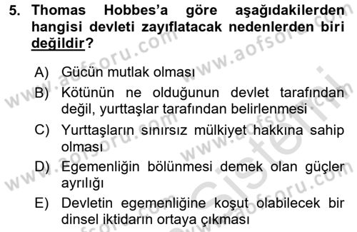 Siyaset Felsefesi 1 Dersi 2024 - 2025 Yılı Yaz Okulu Sınav Soruları 5. Soru