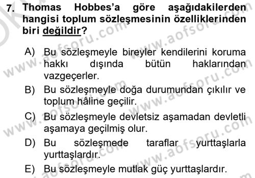 Siyaset Felsefesi 1 Dersi 2024 - 2025 Yılı Yaz Okulu Sınav Soruları 7. Soru