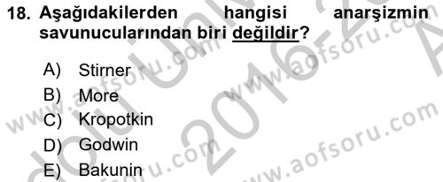 Siyaset Felsefesi 2 Dersi 2016 - 2017 Yılı (Vize) Ara Sınav Soruları 18. Soru