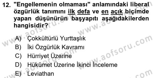 Siyaset Felsefesi 2 Dersi 2017 - 2018 Yılı (Vize) Ara Sınav Soruları 12. Soru