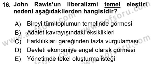Siyaset Felsefesi 2 Dersi 2018 - 2019 Yılı (Vize) Ara Sınav Soruları 16. Soru