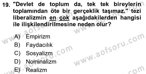 Siyaset Felsefesi 2 Dersi 2018 - 2019 Yılı (Vize) Ara Sınav Soruları 19. Soru