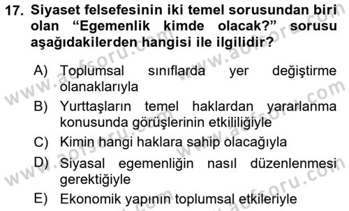 Siyaset Felsefesi 2 Dersi 2020 - 2021 Yılı Yaz Okulu Sınav Soruları 17. Soru