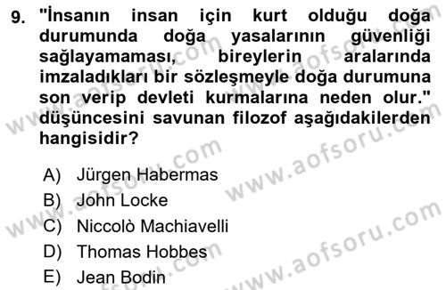 Siyaset Felsefesi 2 Dersi 2020 - 2021 Yılı Yaz Okulu Sınav Soruları 9. Soru
