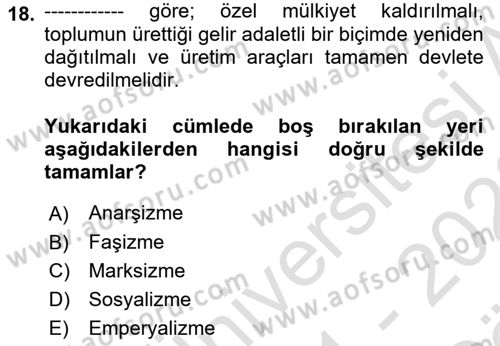 Siyaset Felsefesi 2 Dersi 2021 - 2022 Yılı (Vize) Ara Sınav Soruları 18. Soru