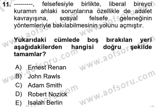 Siyaset Felsefesi 2 Dersi 2021 - 2022 Yılı Yaz Okulu Sınav Soruları 11. Soru