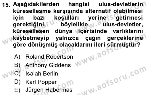 Siyaset Felsefesi 2 Dersi 2021 - 2022 Yılı Yaz Okulu Sınav Soruları 15. Soru