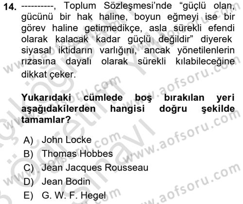 Siyaset Felsefesi 2 Dersi 2022 - 2023 Yılı Yaz Okulu Sınav Soruları 14. Soru