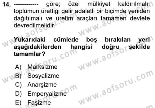 Siyaset Felsefesi 2 Dersi 2023 - 2024 Yılı (Vize) Ara Sınav Soruları 14. Soru