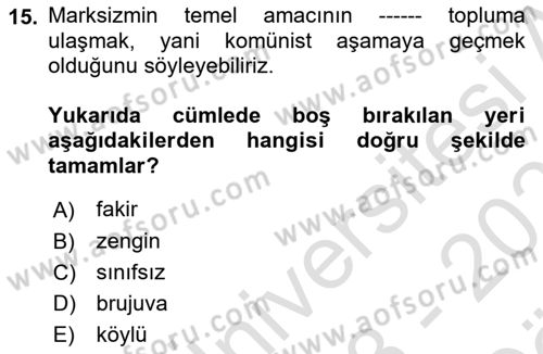 Siyaset Felsefesi 2 Dersi 2023 - 2024 Yılı (Vize) Ara Sınav Soruları 15. Soru