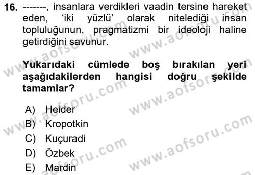 Siyaset Felsefesi 2 Dersi 2023 - 2024 Yılı (Vize) Ara Sınav Soruları 16. Soru