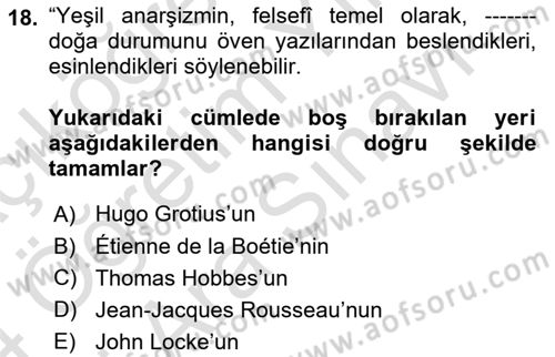 Siyaset Felsefesi 2 Dersi 2023 - 2024 Yılı (Vize) Ara Sınav Soruları 18. Soru