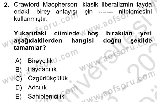 Siyaset Felsefesi 2 Dersi 2023 - 2024 Yılı (Vize) Ara Sınav Soruları 2. Soru