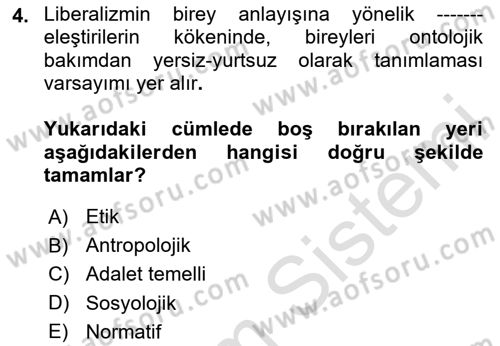 Siyaset Felsefesi 2 Dersi 2023 - 2024 Yılı (Vize) Ara Sınav Soruları 4. Soru