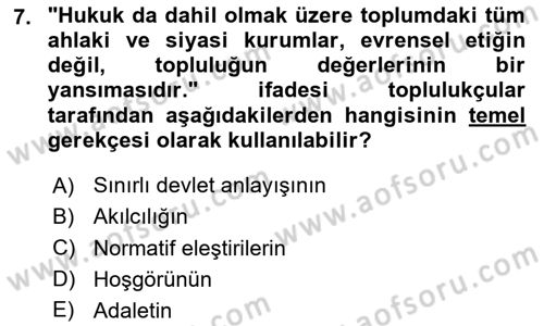 Siyaset Felsefesi 2 Dersi 2023 - 2024 Yılı (Vize) Ara Sınav Soruları 7. Soru