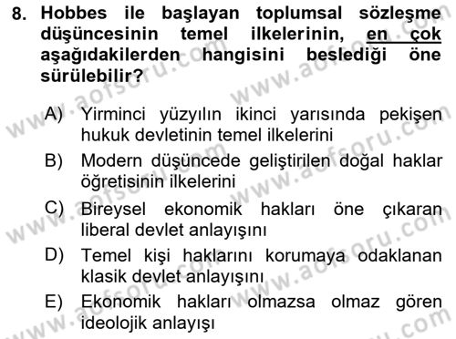 Siyaset Felsefesi 2 Dersi 2023 - 2024 Yılı (Vize) Ara Sınav Soruları 8. Soru
