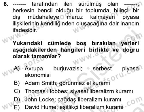 Siyaset Felsefesi 2 Dersi 2023 - 2024 Yılı (Final) Dönem Sonu Sınav Soruları 6. Soru