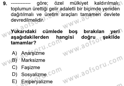 Siyaset Felsefesi 2 Dersi 2023 - 2024 Yılı Yaz Okulu Sınav Soruları 9. Soru
