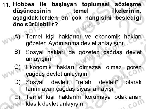 Siyaset Felsefesi 2 Dersi 2024 - 2025 Yılı (Vize) Ara Sınav Soruları 11. Soru