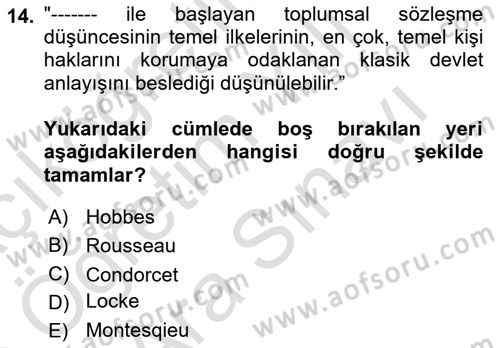 Siyaset Felsefesi 2 Dersi 2024 - 2025 Yılı (Vize) Ara Sınav Soruları 14. Soru
