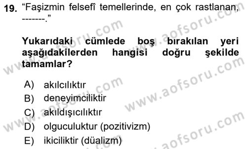 Siyaset Felsefesi 2 Dersi 2024 - 2025 Yılı (Vize) Ara Sınav Soruları 19. Soru