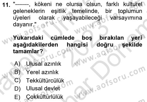 Siyaset Felsefesi 2 Dersi 2024 - 2025 Yılı (Final) Dönem Sonu Sınav Soruları 11. Soru