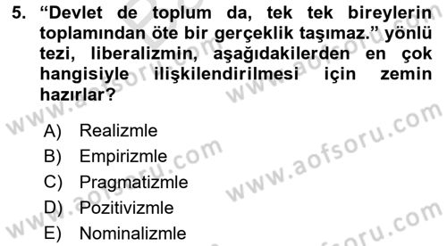 Siyaset Felsefesi 2 Dersi 2024 - 2025 Yılı (Final) Dönem Sonu Sınav Soruları 5. Soru