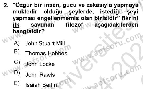 Siyaset Felsefesi 2 Dersi 2024 - 2025 Yılı Yaz Okulu Sınav Soruları 2. Soru