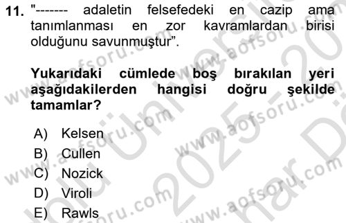 Siyaset Felsefesi 2 Dersi 2025 - 2026 Yılı (Vize) Ara Sınav Soruları 11. Soru