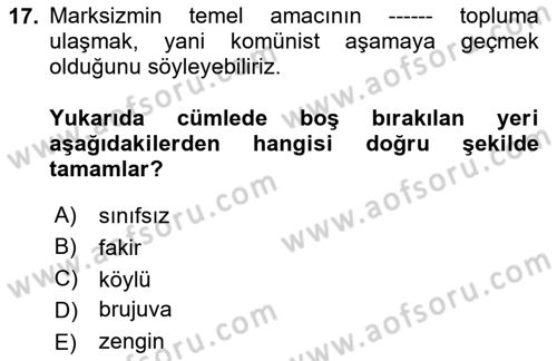Siyaset Felsefesi 2 Dersi 2025 - 2026 Yılı (Vize) Ara Sınav Soruları 17. Soru