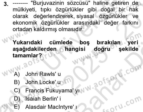 Siyaset Felsefesi 2 Dersi 2025 - 2026 Yılı (Vize) Ara Sınav Soruları 3. Soru